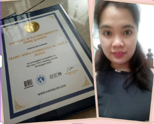 Photo of Mary Niña Christina M. Dela Rosa with their Hai English certificate