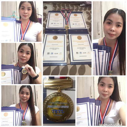 Collage of pictures of Jhonnah Caponpon with Hai English certificates and medals