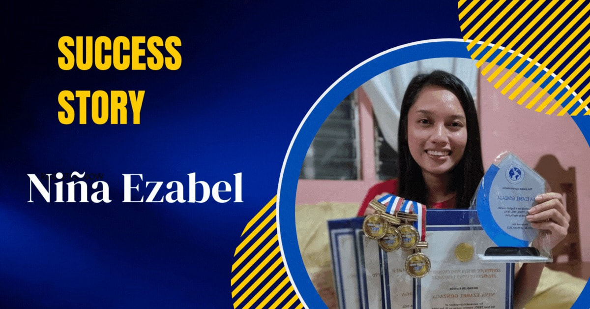 Photo of Niña Ezabel with their Hai English certificates, medals, and plaque