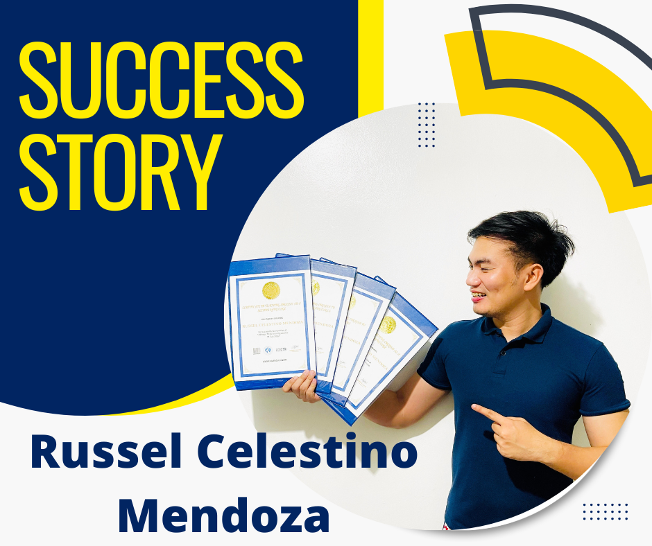 Photo of Russel Celestino Mendoza with their Hai English certificates